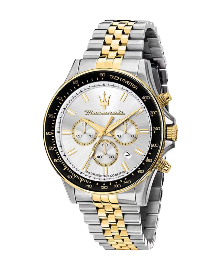 Maserati Sfida R8873640024 reloj hombre acero cronógrafo caja plata brazalete oro esfera blanca