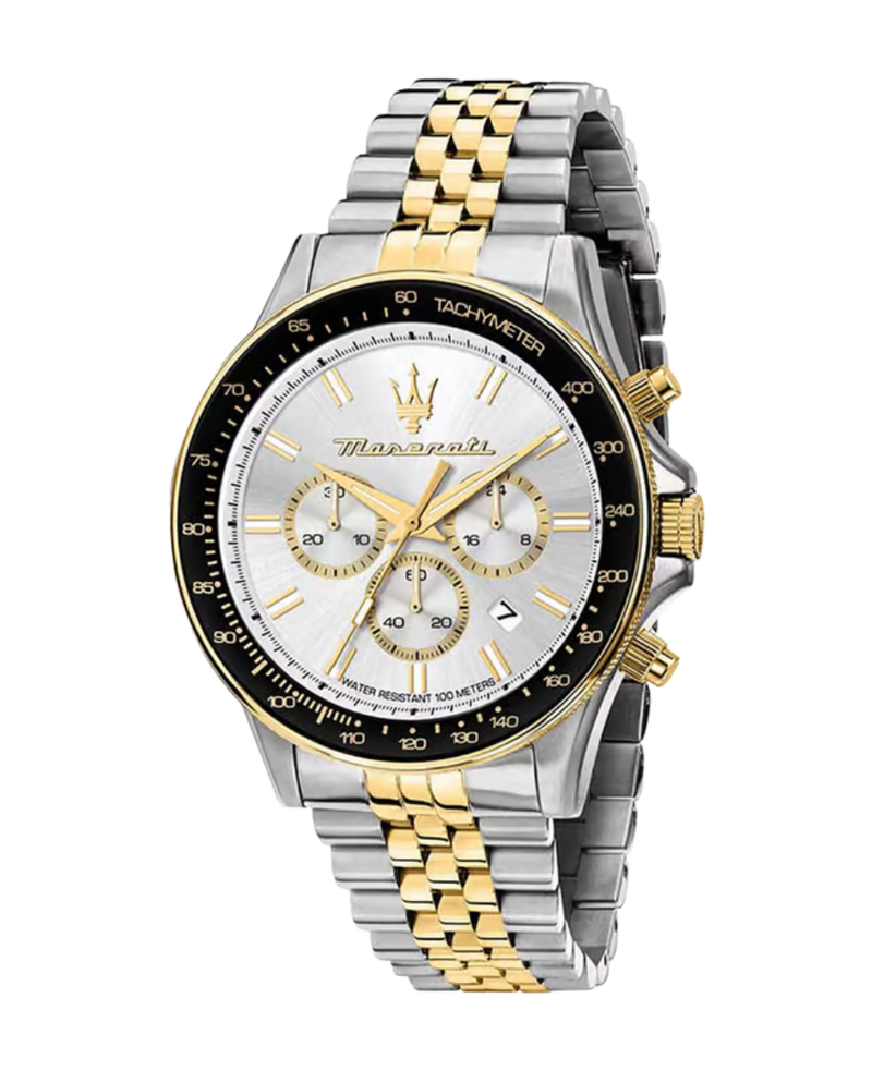 Maserati Sfida R8873640024 reloj hombre acero cronógrafo caja plata brazalete oro esfera blanca