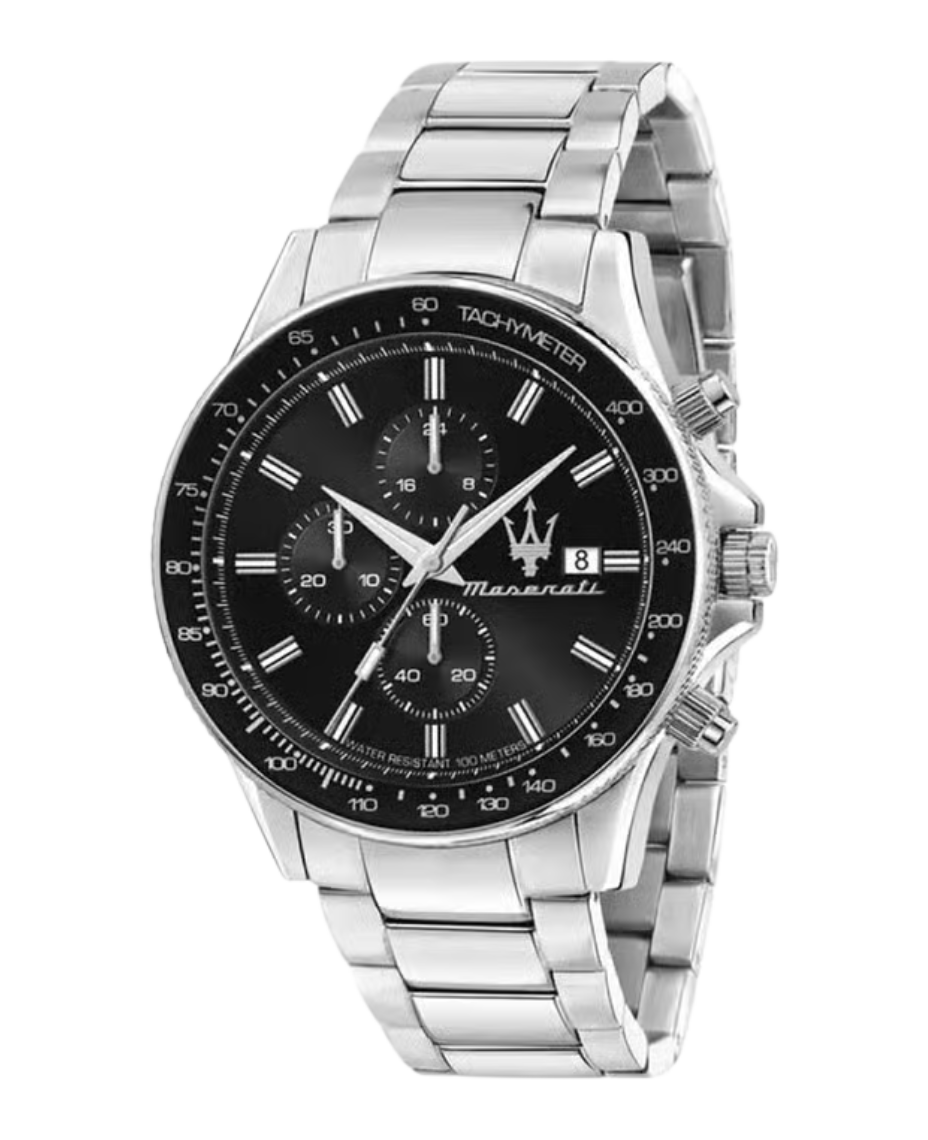 Maserati Sfida R8873640015 reloj hombre acero cronógrafo esfera negra brazalete plateado