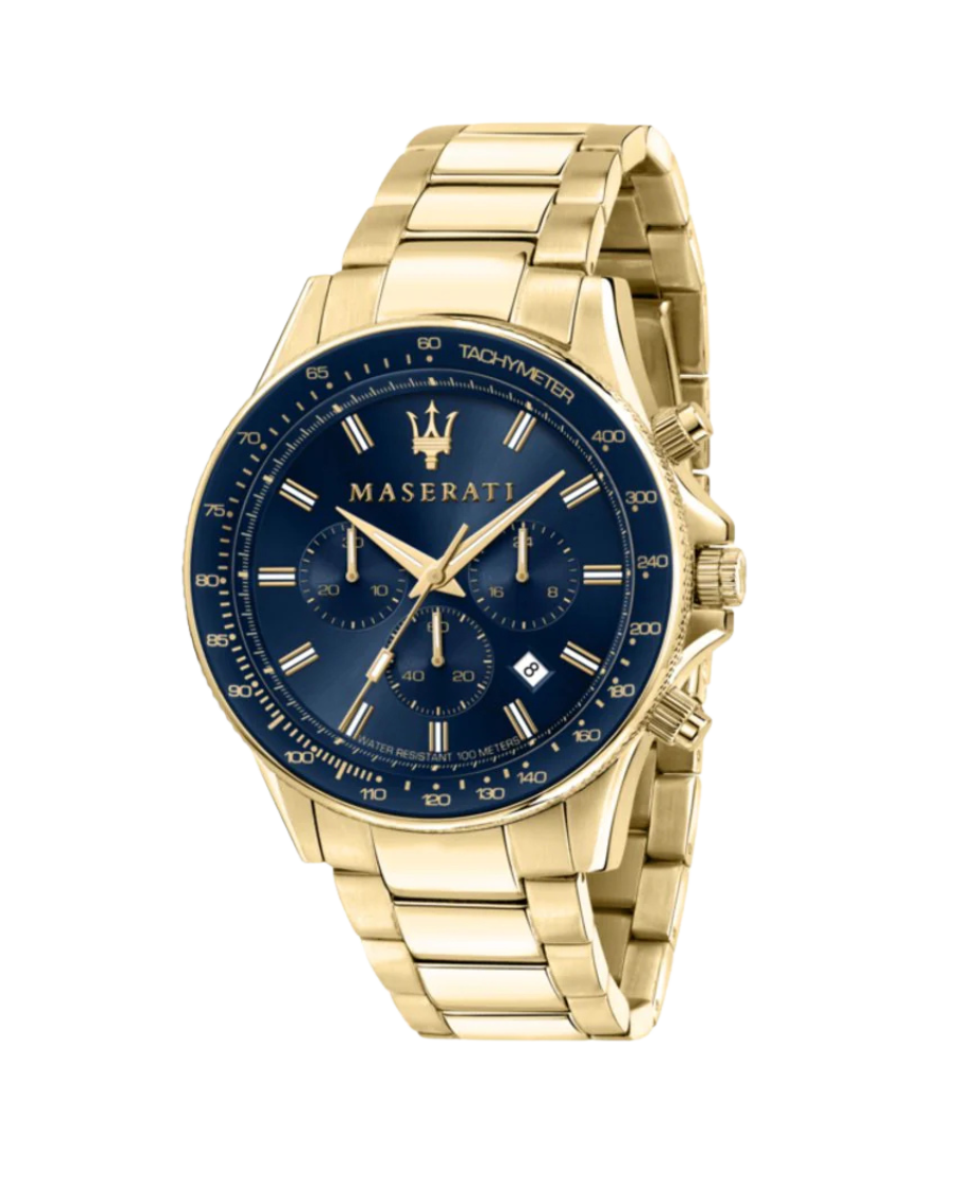Maserati Sfida R8873640008 reloj hombre acero dorado esfera azul cronógrafo