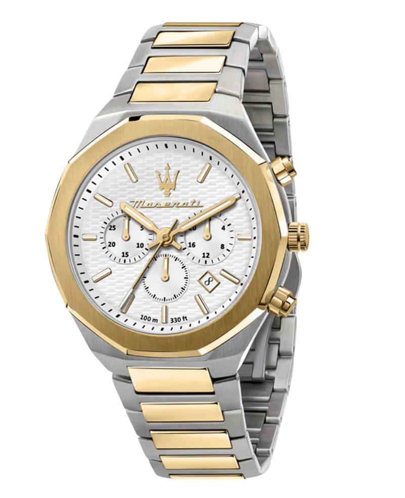 Maserati Stile R8873642009 reloj hombre acero dorado cronógrafo esfera plateada