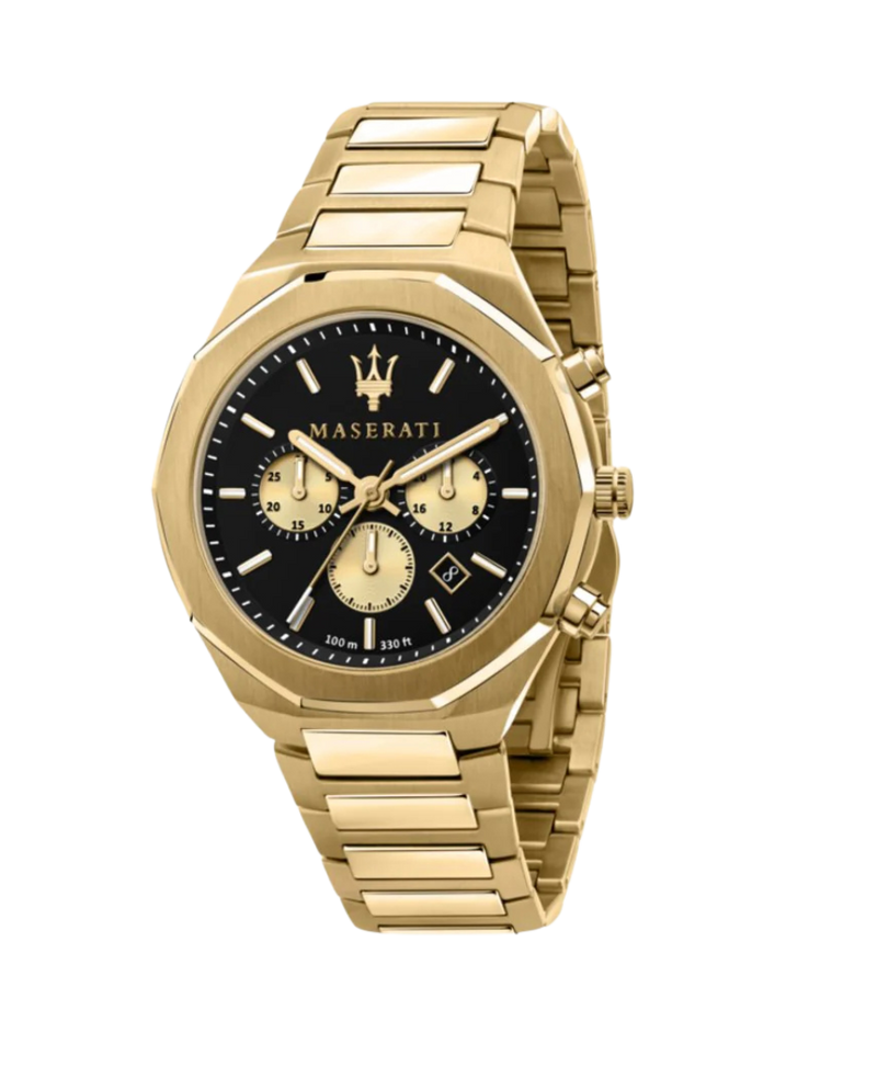 Maserati Stile R8873642001 reloj hombre acero dorado esfera negra cronógrafo
