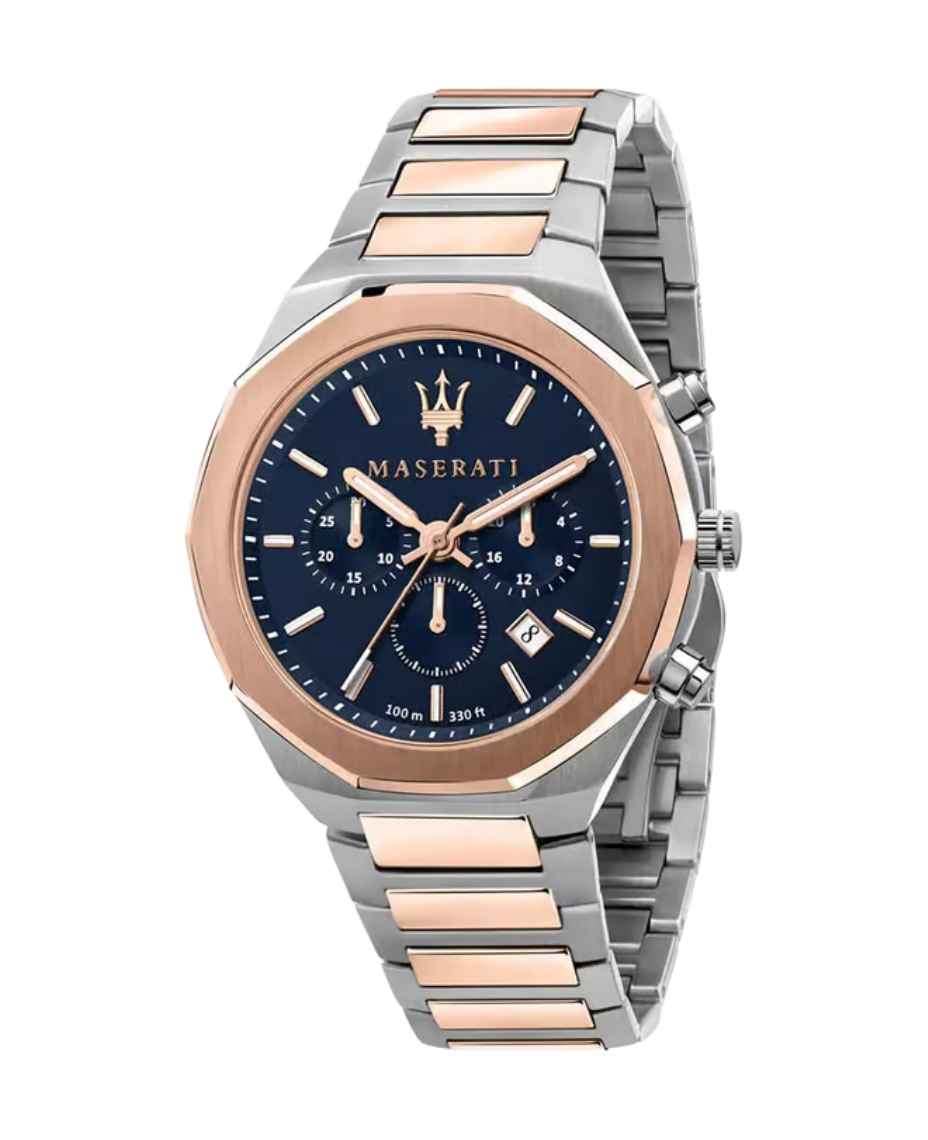 Maserati Stile R8873642002 reloj hombre acero oro rosa esfera azul cronógrafo 45mm