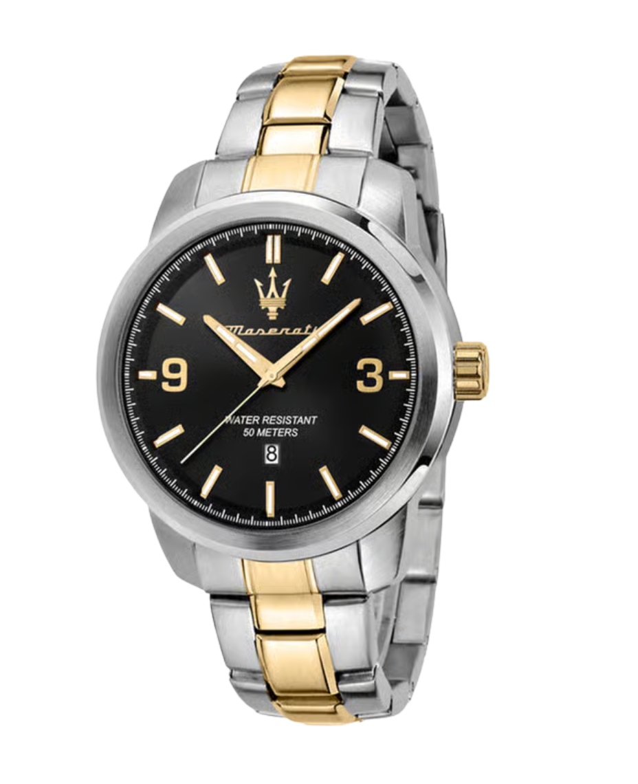 Maserati Successo R8853121009 reloj hombre acero plata esfera negra brazalete dorado