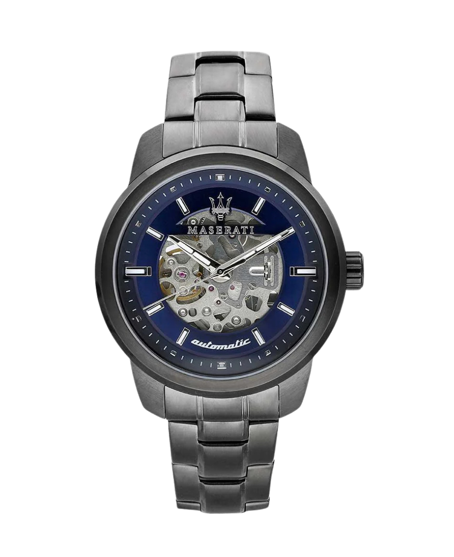 Maserati Successo R8823121001 reloj hombre acero gun metal azul automático cristal zafiro