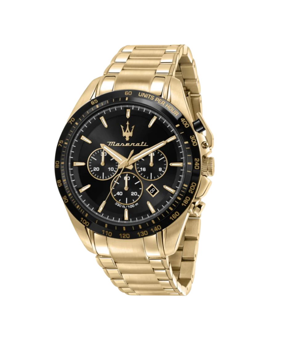 Maserati Traguardo R8873612041 reloj hombre acero dorado esfera negra cronógrafo