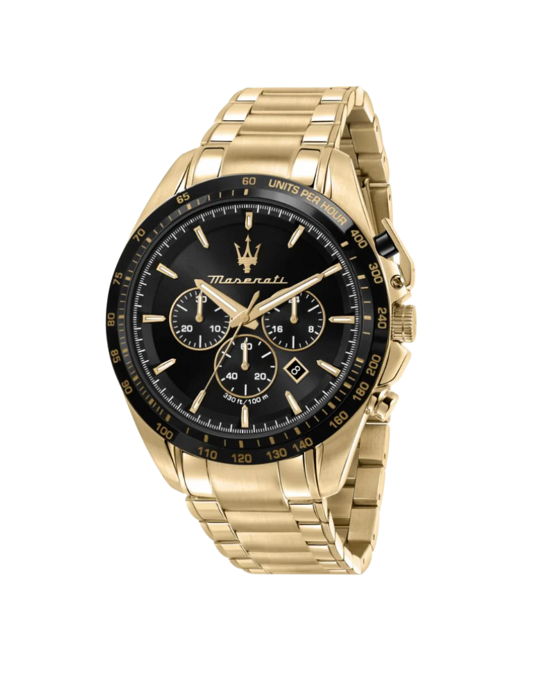 Maserati Traguardo R8873612041 reloj hombre acero dorado esfera negra cronógrafo
