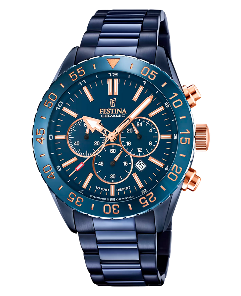Festina F20576/1 reloj hombre cronógrafo acero azul plata 44mm cristal zafiro