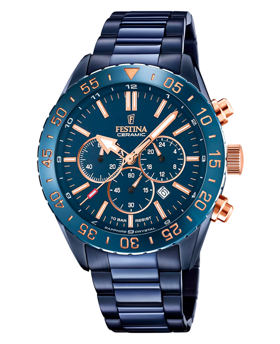 Festina F20576/1 reloj hombre cronógrafo acero azul plata 44mm cristal zafiro