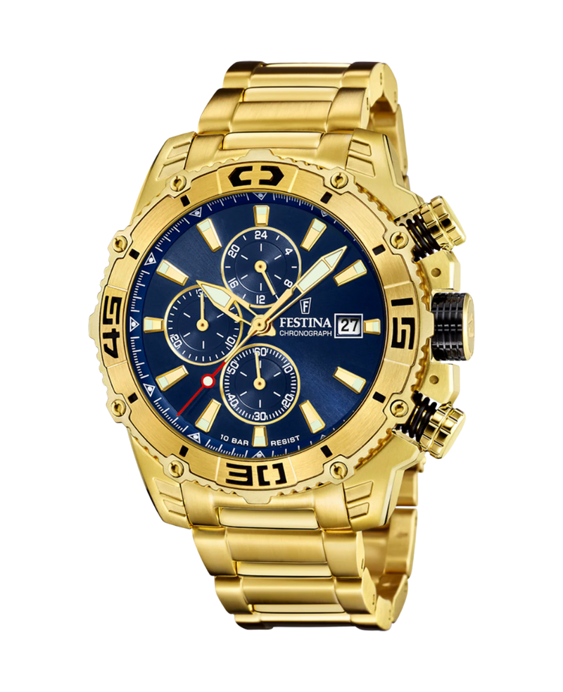 Festina Prestige F20492/2 reloj hombre acero dorado esfera azul cronógrafo