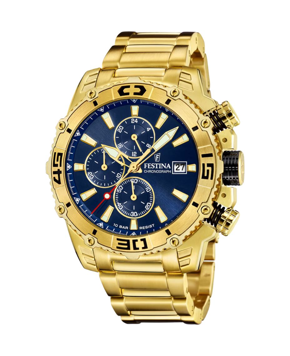 Festina Prestige F20492/2 reloj hombre acero dorado esfera azul cronógrafo