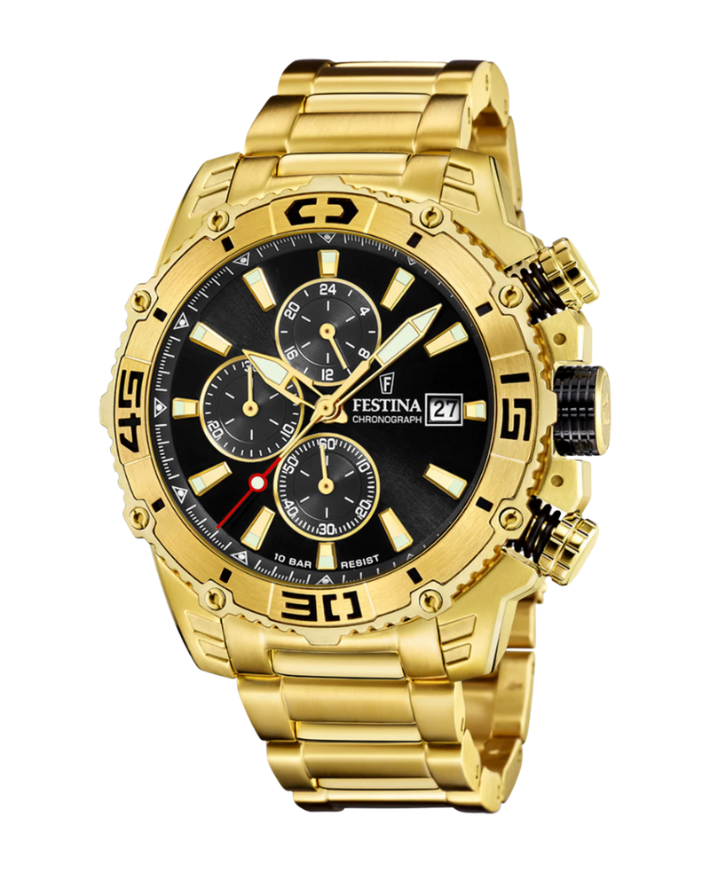 Festina Prestige F20492/4 reloj hombre cronógrafo acero negro dorado cristal zafiro