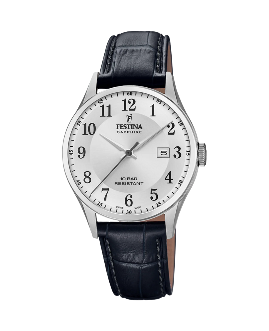 Festina Swiss Made F20007/1 reloj hombre acero plateado esfera plateada correa piel negra