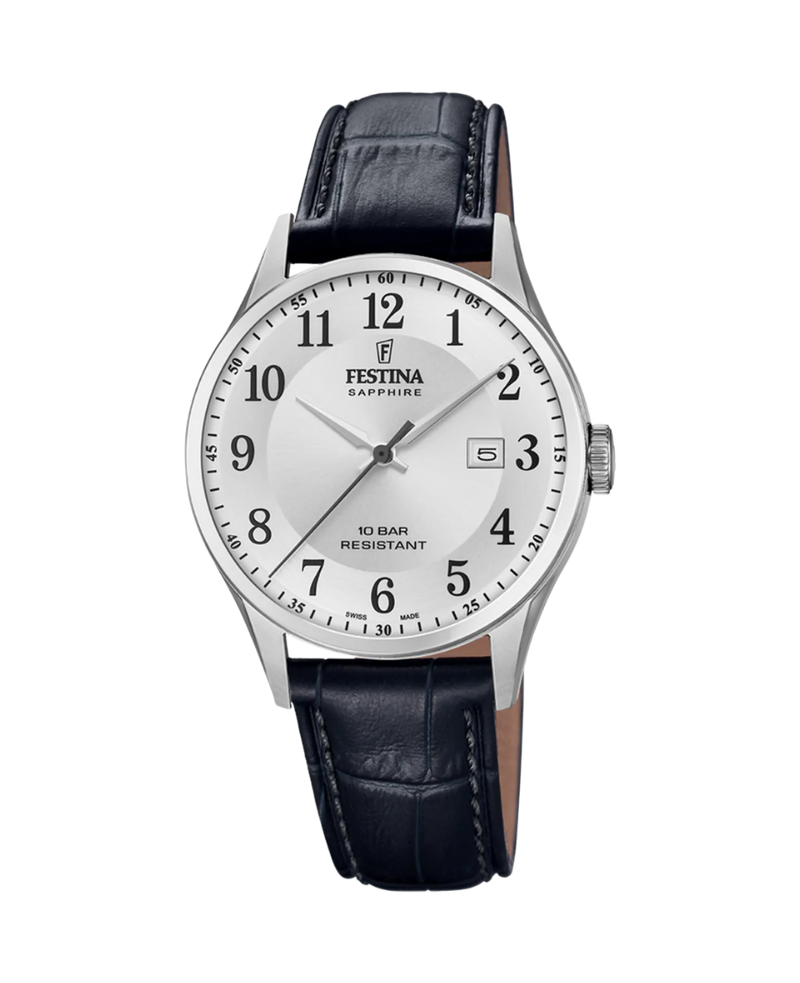 Festina Swiss Made F20007/1 reloj hombre acero plateado esfera plateada correa piel negra