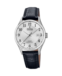 Festina Swiss Made F20007/1 reloj hombre acero plateado esfera plateada correa piel negra