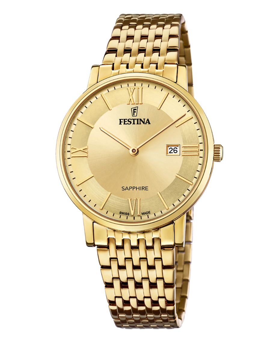 Festina Swiss Made F20020/2 reloj hombre acero plateado esfera dorada