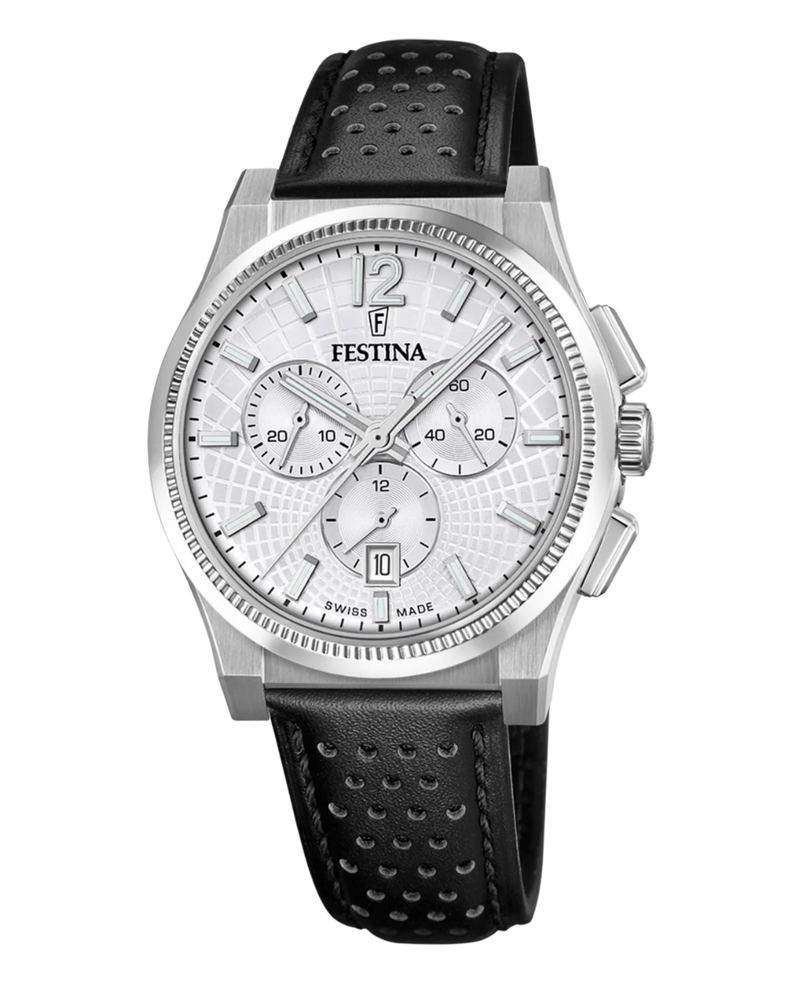 Festina Swiss Made F20060/1 reloj hombre acero cronógrafo esfera plateada correa piel negra
