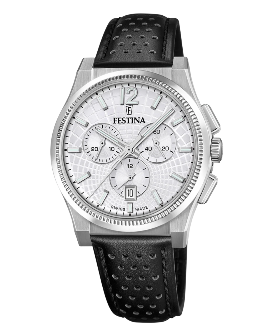 Festina Swiss Made F20060/1 reloj hombre acero cronógrafo esfera plateada correa piel negra