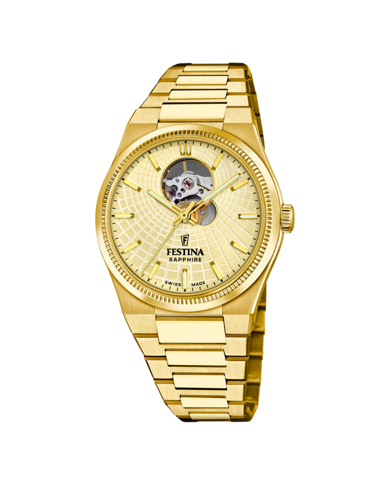 Festina Swiss Made Automático F20062/2 reloj hombre acero esfera beige pulsera dorada