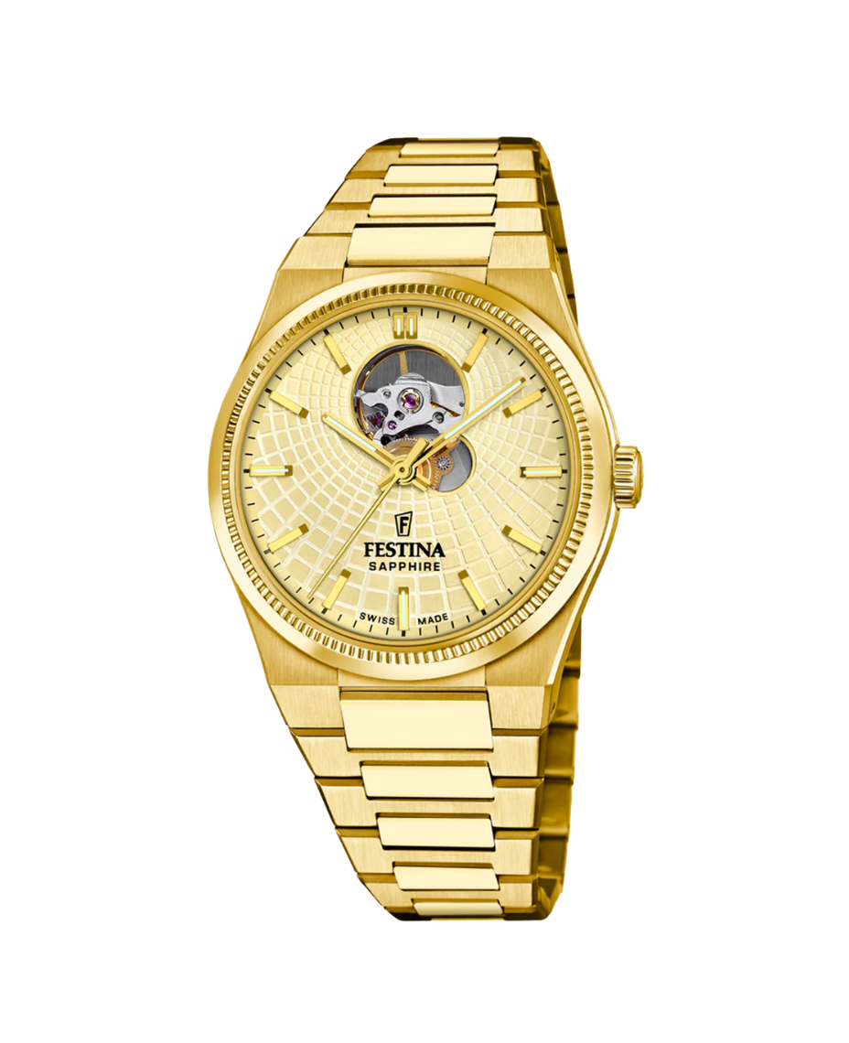 Festina Swiss Made Automático F20062/2 reloj hombre acero esfera beige pulsera dorada