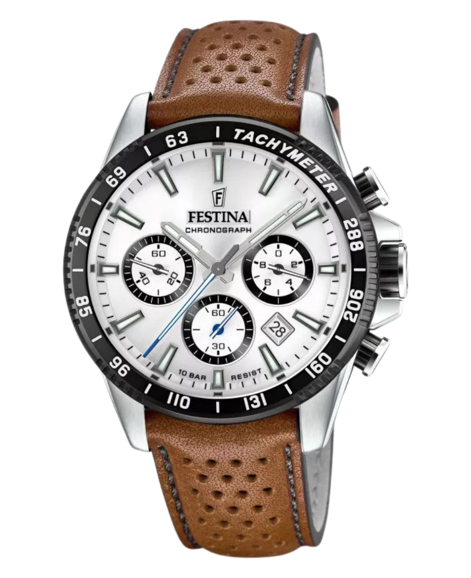 Festina F20561/1 reloj hombre cronógrafo acero correa piel marrón esfera plateada