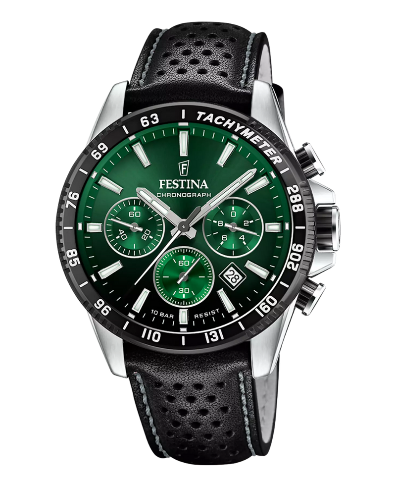 Festina cronógrafo F20561/5 reloj hombre acero esfera verde correa piel negra