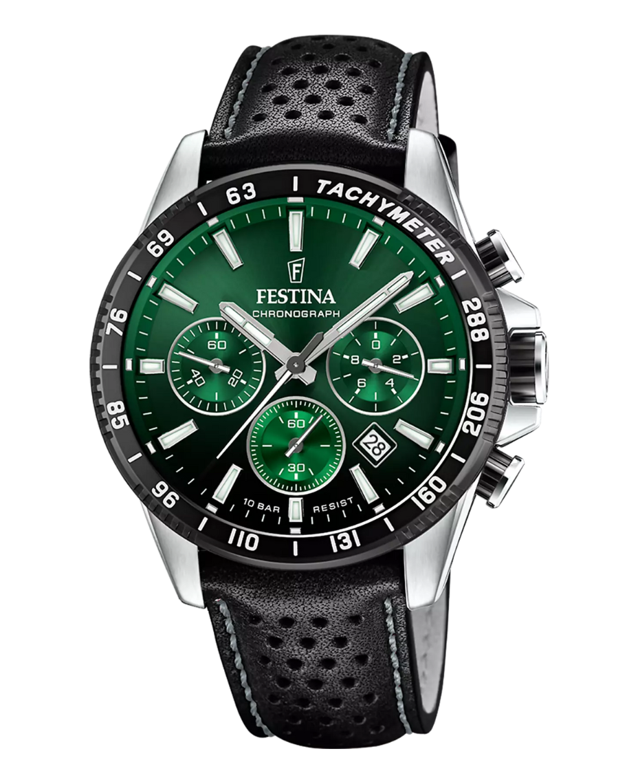 Festina cronógrafo F20561/5 reloj hombre acero esfera verde correa piel negra