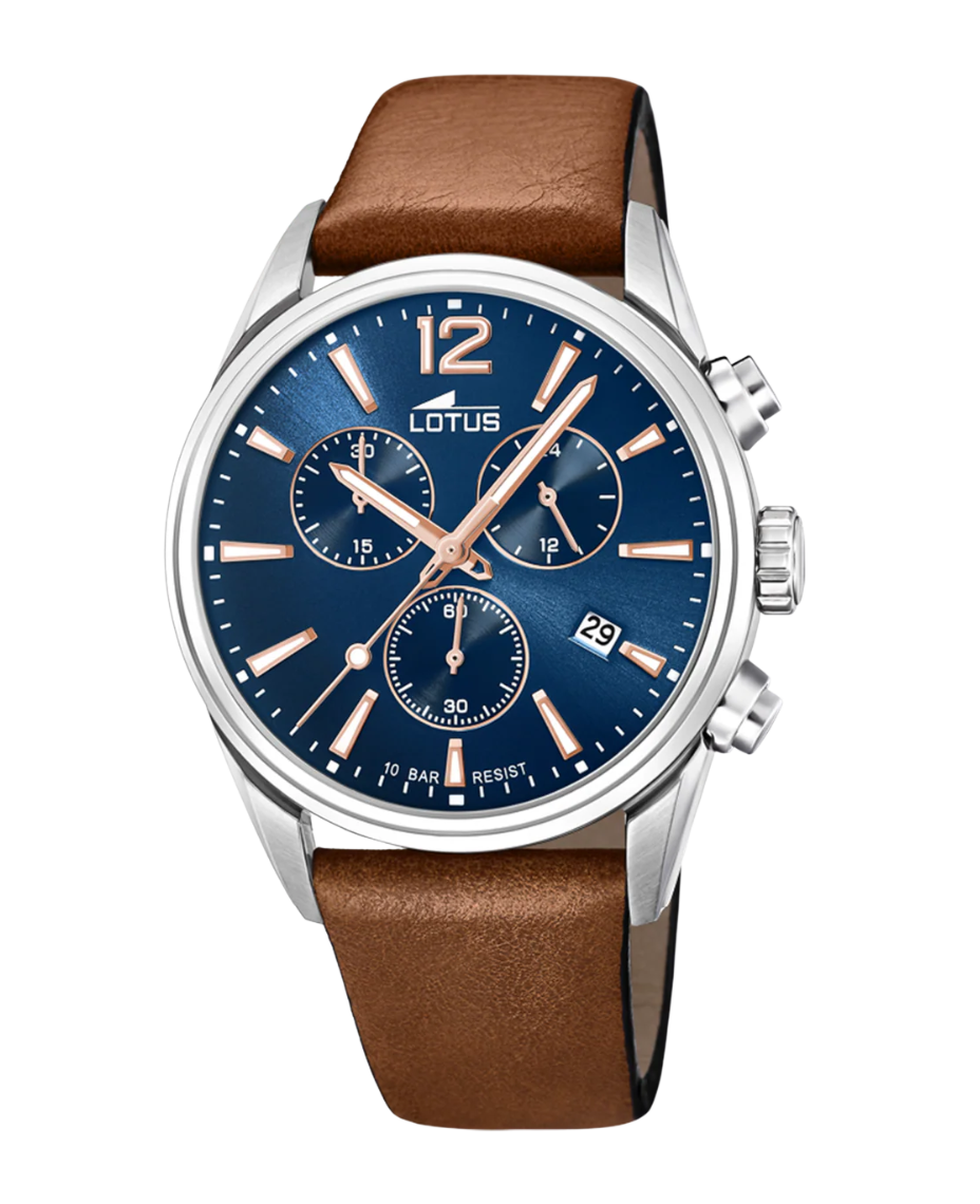 Lotus Chrono 18691/2 reloj hombre acero azul cronógrafo correa piel marrón