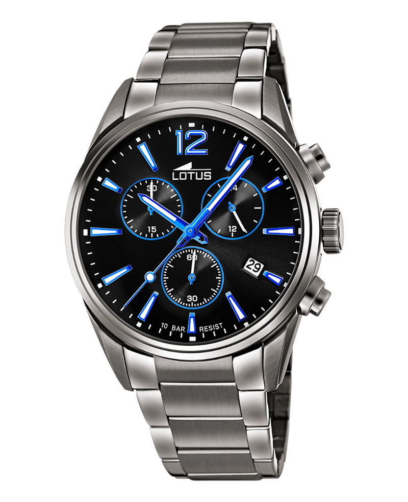 Lotus Chrono 18682/6 reloj hombre acero cronógrafo esfera negra pulsera gris