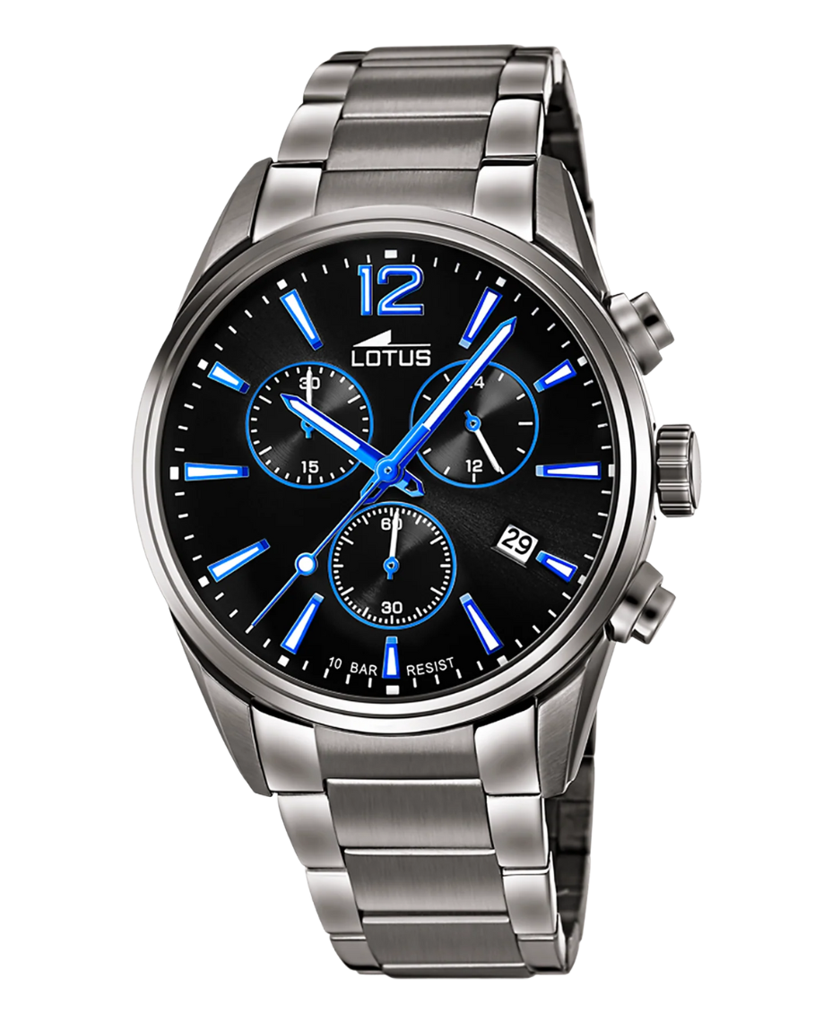 Lotus Chrono 18682/6 reloj hombre acero cronógrafo esfera negra pulsera gris