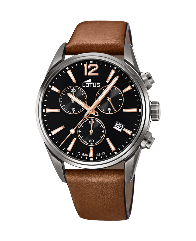 Lotus Chrono 18683/2 reloj hombre acero negro cronógrafo correa piel marrón