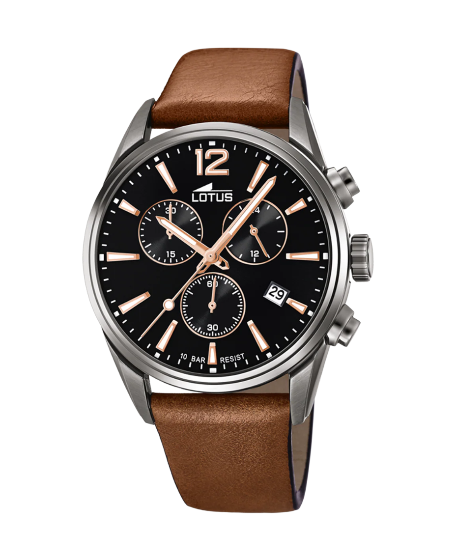 Lotus Chrono 18683/2 reloj hombre acero negro cronógrafo correa piel marrón