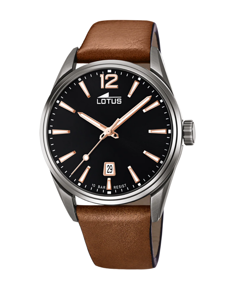 Lotus Chrono 18685/2 reloj hombre acero negro correa piel marrón