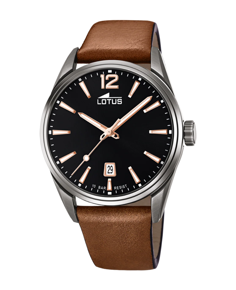 Lotus Chrono 18685/2 reloj hombre acero negro correa piel marrón