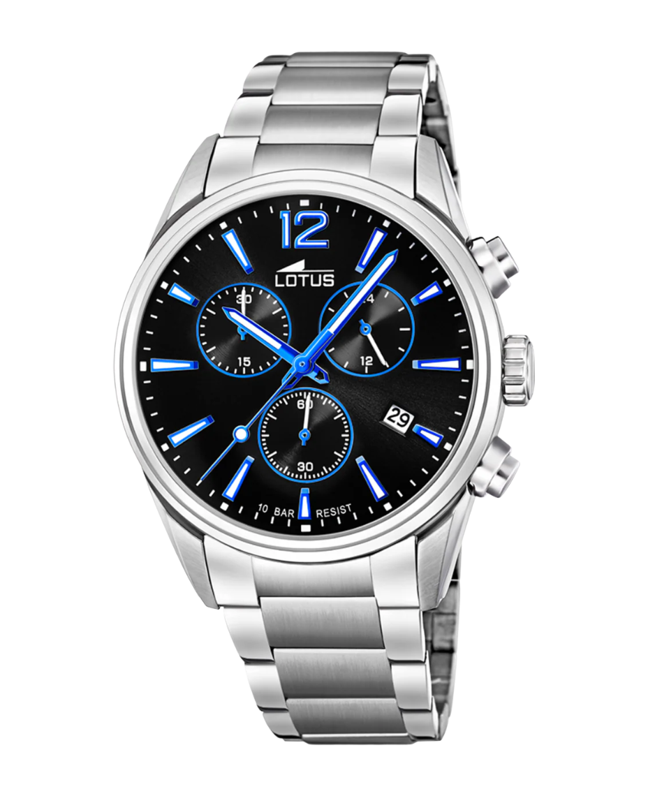 Lotus Chrono 18690/6 reloj hombre acero cronógrafo esfera negra pulsera plateada