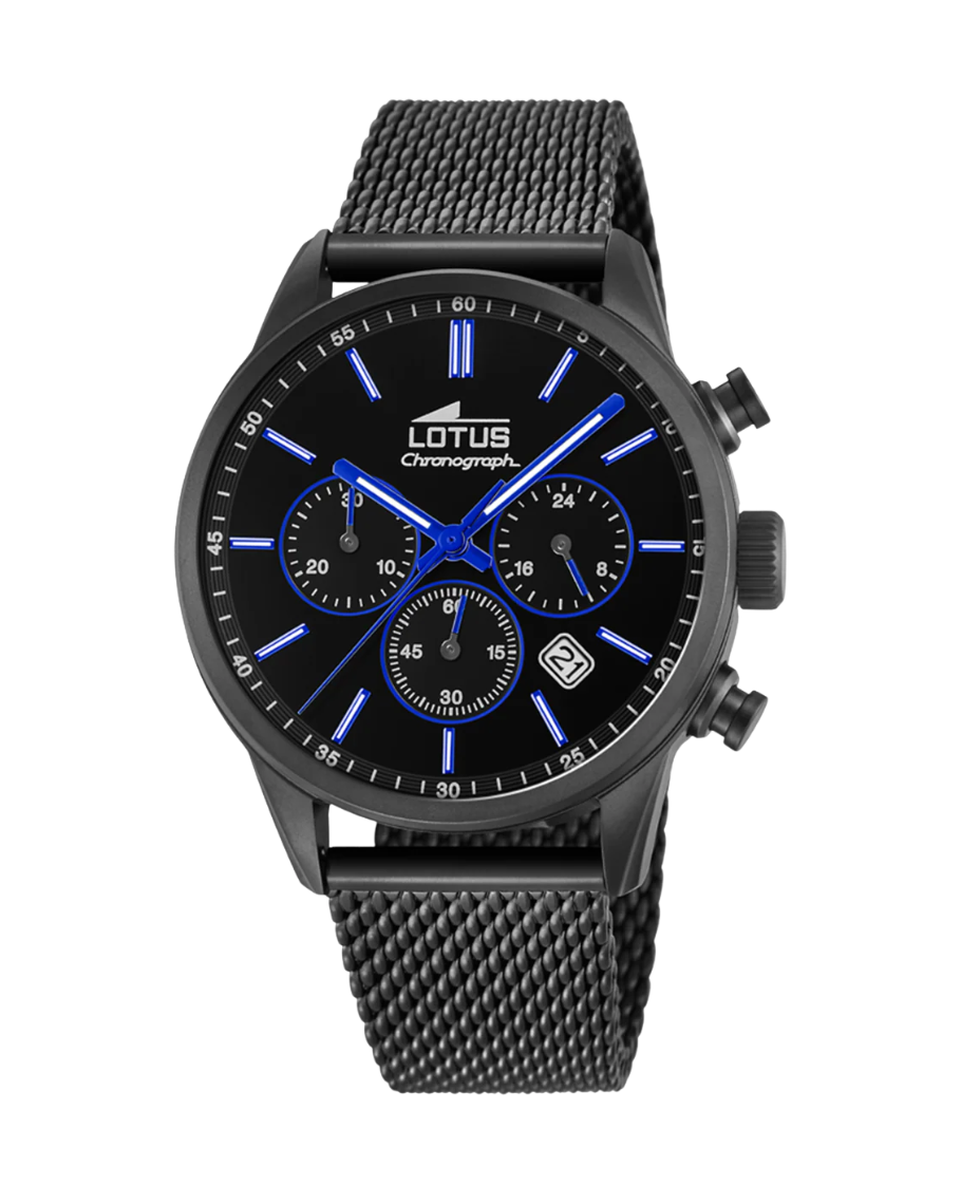 Lotus Chrono 18700/3 reloj hombre cronógrafo acero negro esfera negra pulsera armys