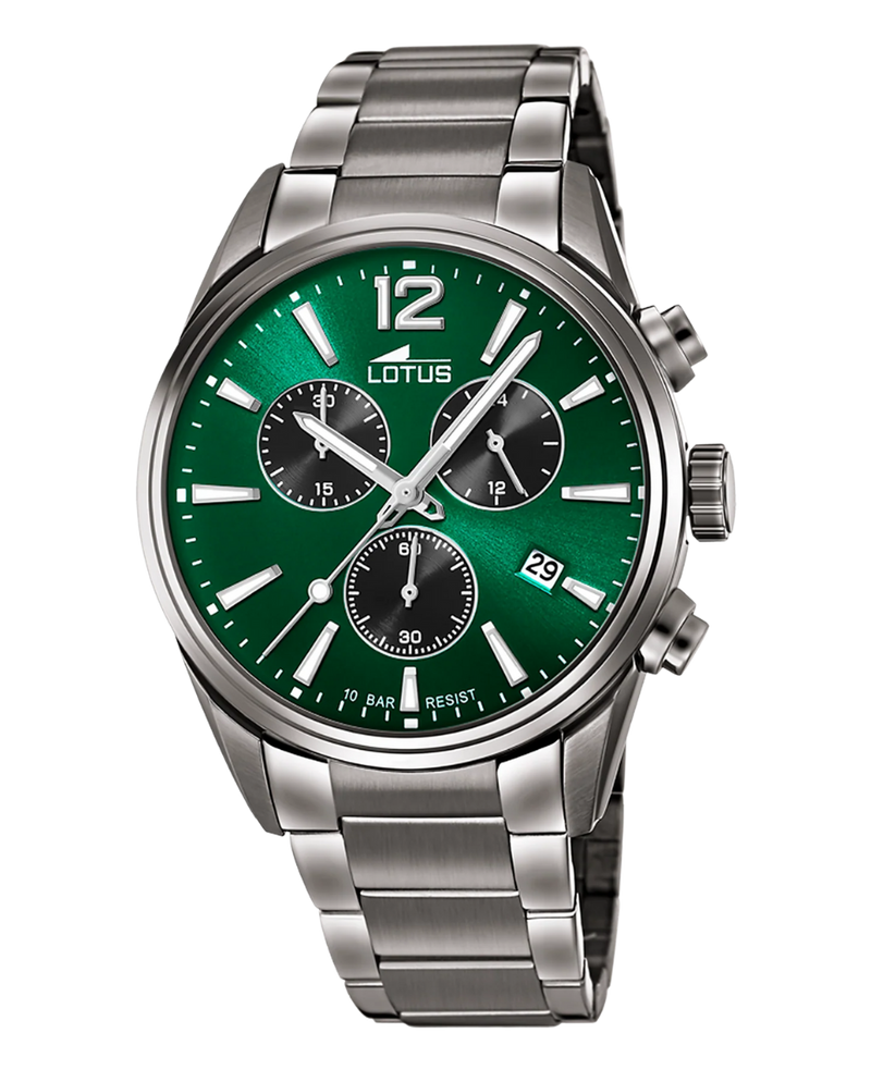 Lotus Chrono 18682/4 reloj hombre acero cronógrafo esfera verde pulsera armys gris