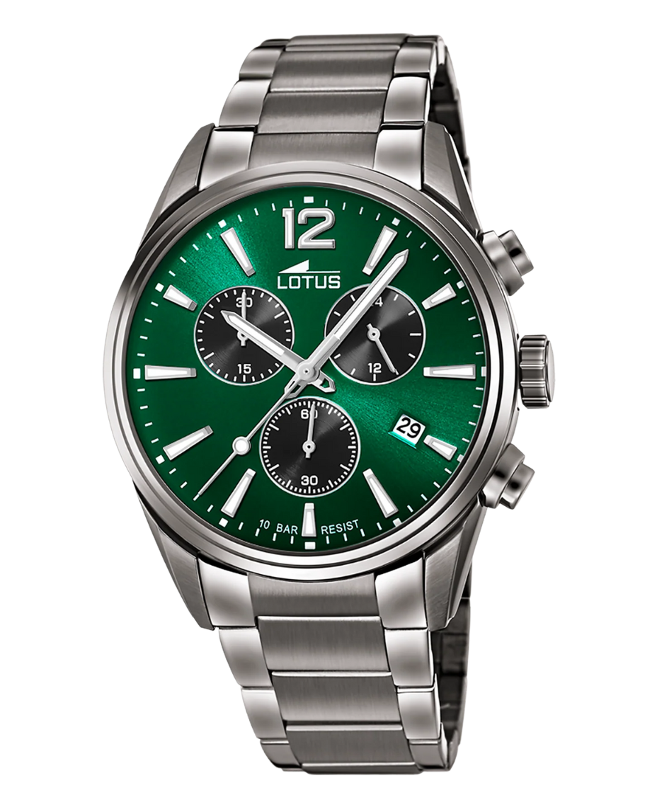Lotus Chrono 18682/4 reloj hombre acero cronógrafo esfera verde pulsera armys gris