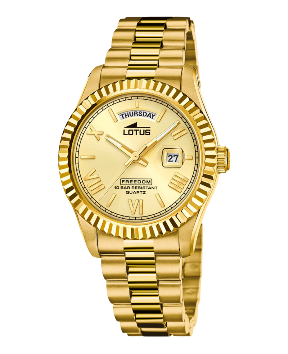 Lotus Freedom 18857/1 reloj hombre acero inoxidable esfera beige pulsera dorada