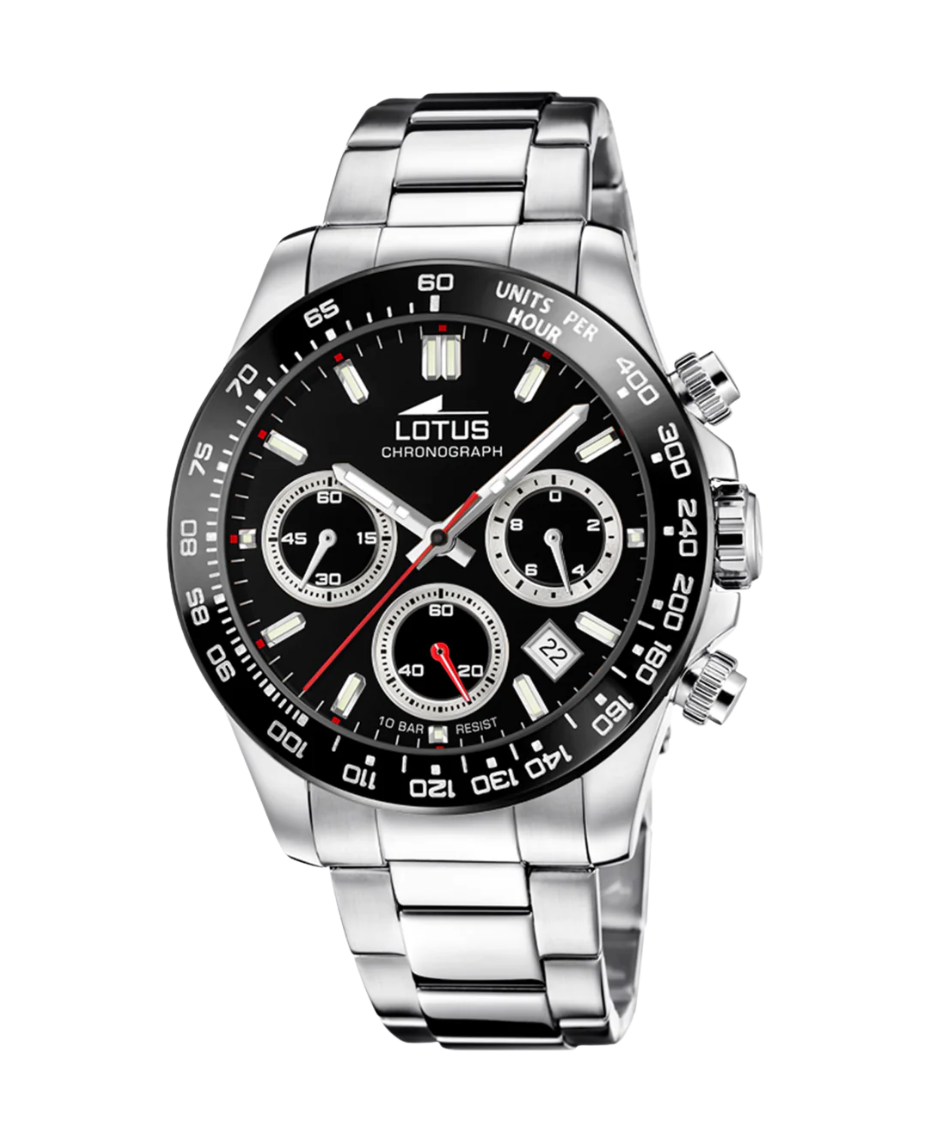 Lotus Freedom cronógrafo 18912/6 reloj hombre acero inoxidable esfera negra pulsera armys plateada