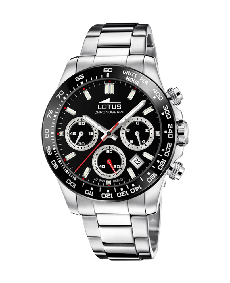 Lotus Freedom cronógrafo 18912/6 reloj hombre acero inoxidable esfera negra pulsera armys plateada