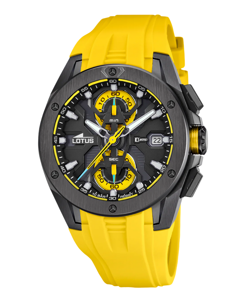 Lotus Classic Cronógrafo 18943/1 reloj hombre acero esfera negra correa amarilla