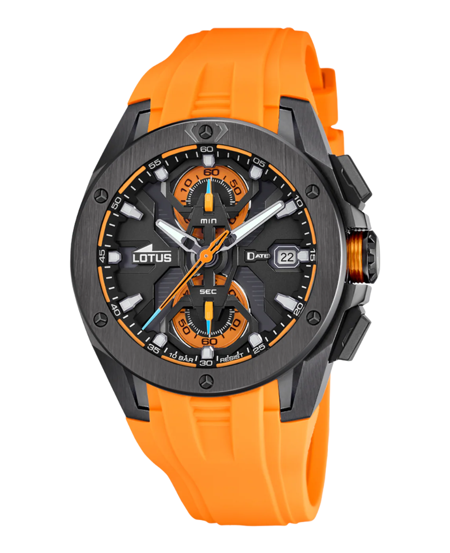 Lotus Classic Cronógrafo 18943/3 reloj hombre acero esfera negra correa naranja