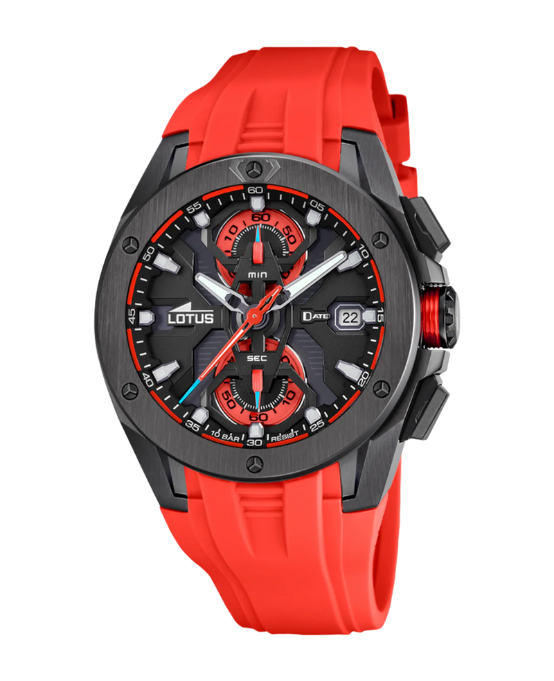 Lotus Classic Cronógrafo 18943/5 reloj hombre acero esfera negra correa roja