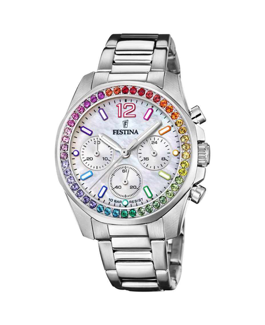 Festina Rainbow F20606/2 reloj mujer acero cronógrafo esfera blanca pulsera plateada