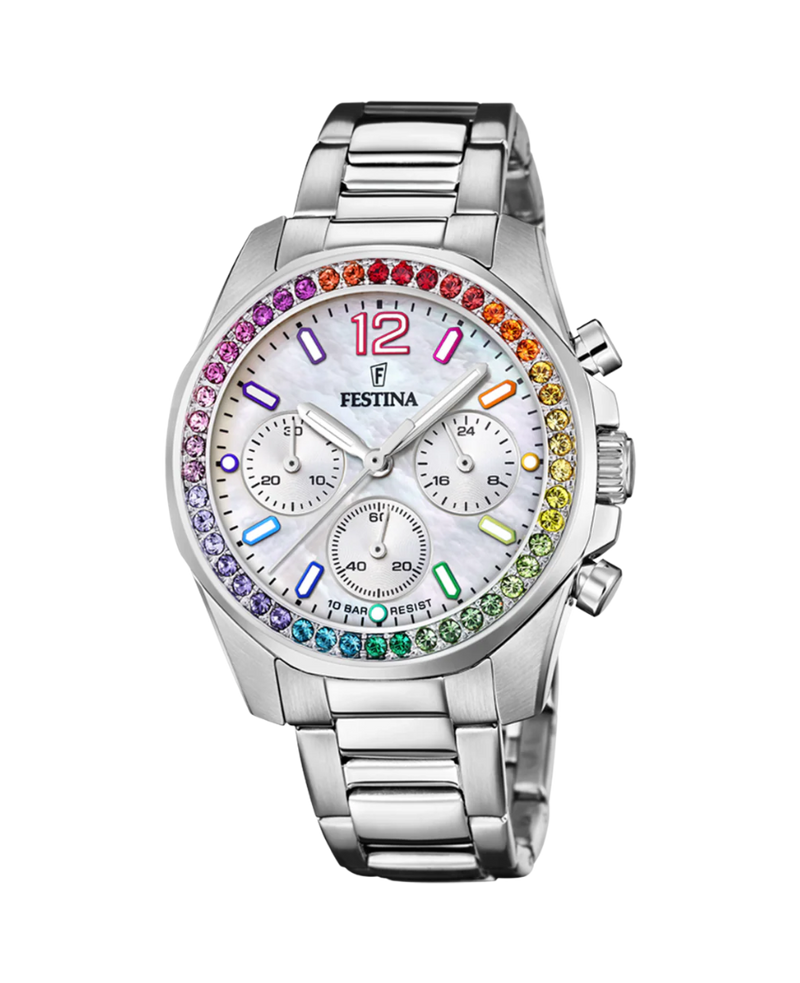 Festina Rainbow F20606/2 reloj mujer acero cronógrafo esfera blanca pulsera plateada