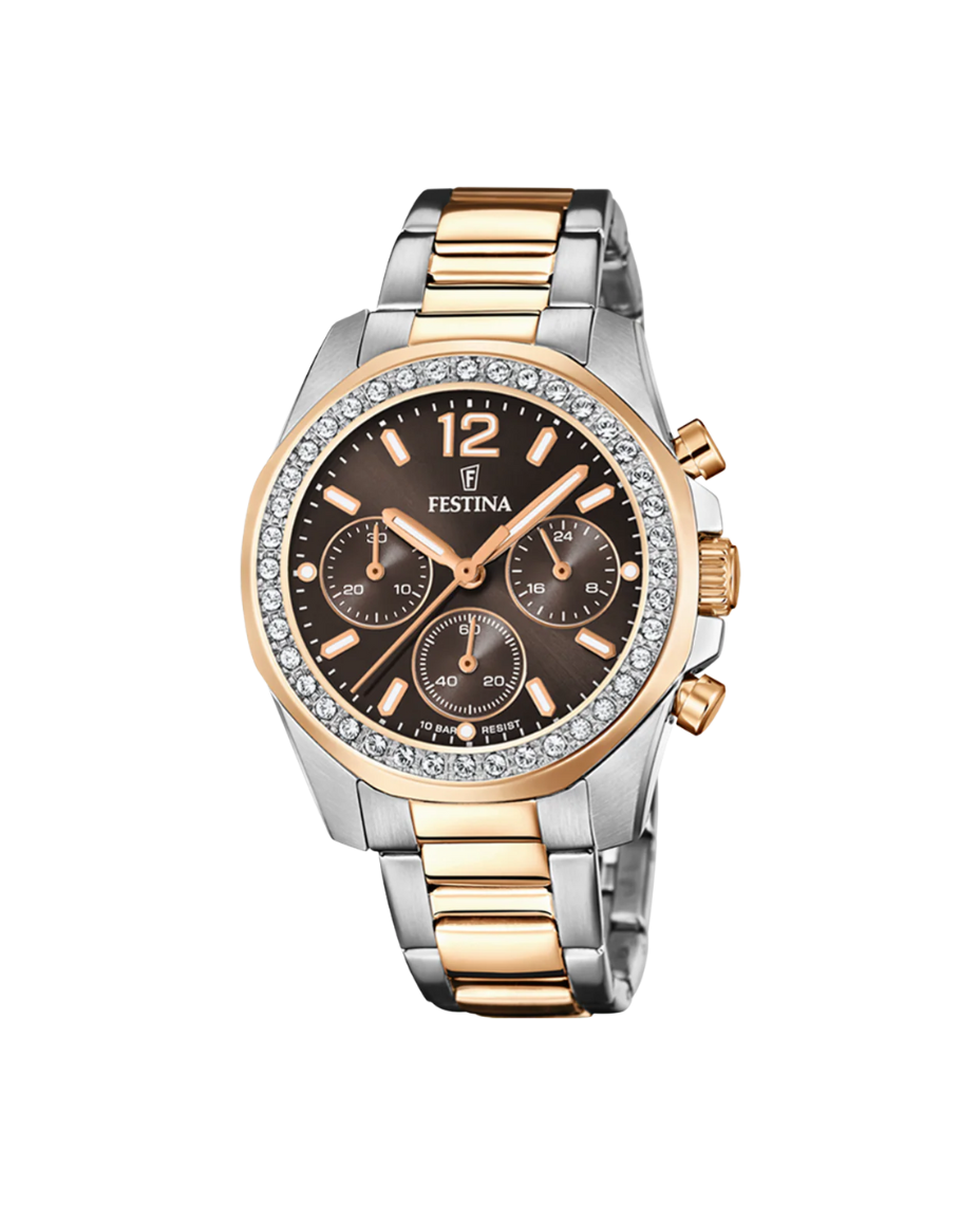 Festina Rainbow F20608/1 reloj mujer acero cronógrafo esfera marrón pulsera plateada