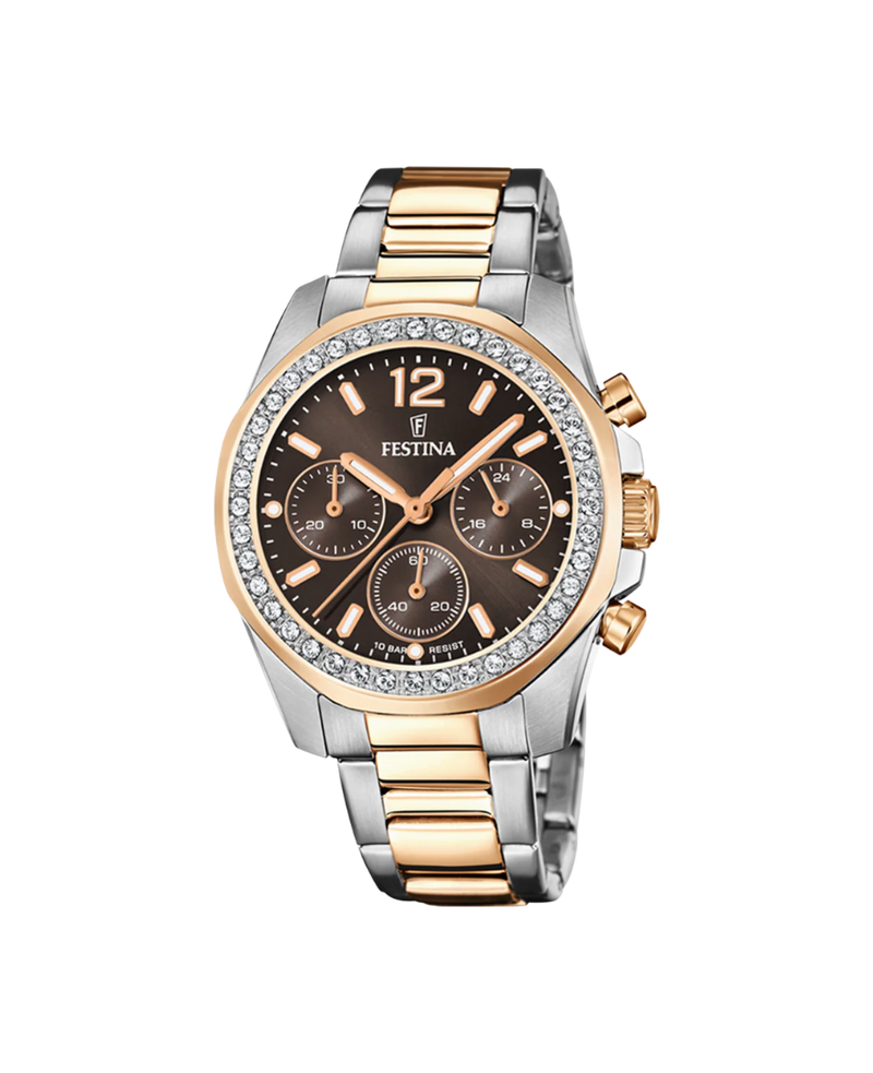Festina Rainbow F20608/1 reloj mujer acero cronógrafo esfera marrón pulsera plateada