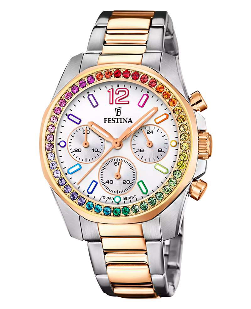 Festina Rainbow F20608/2 reloj mujer cronógrafo acero inoxidable esfera blanca pulsera plateada