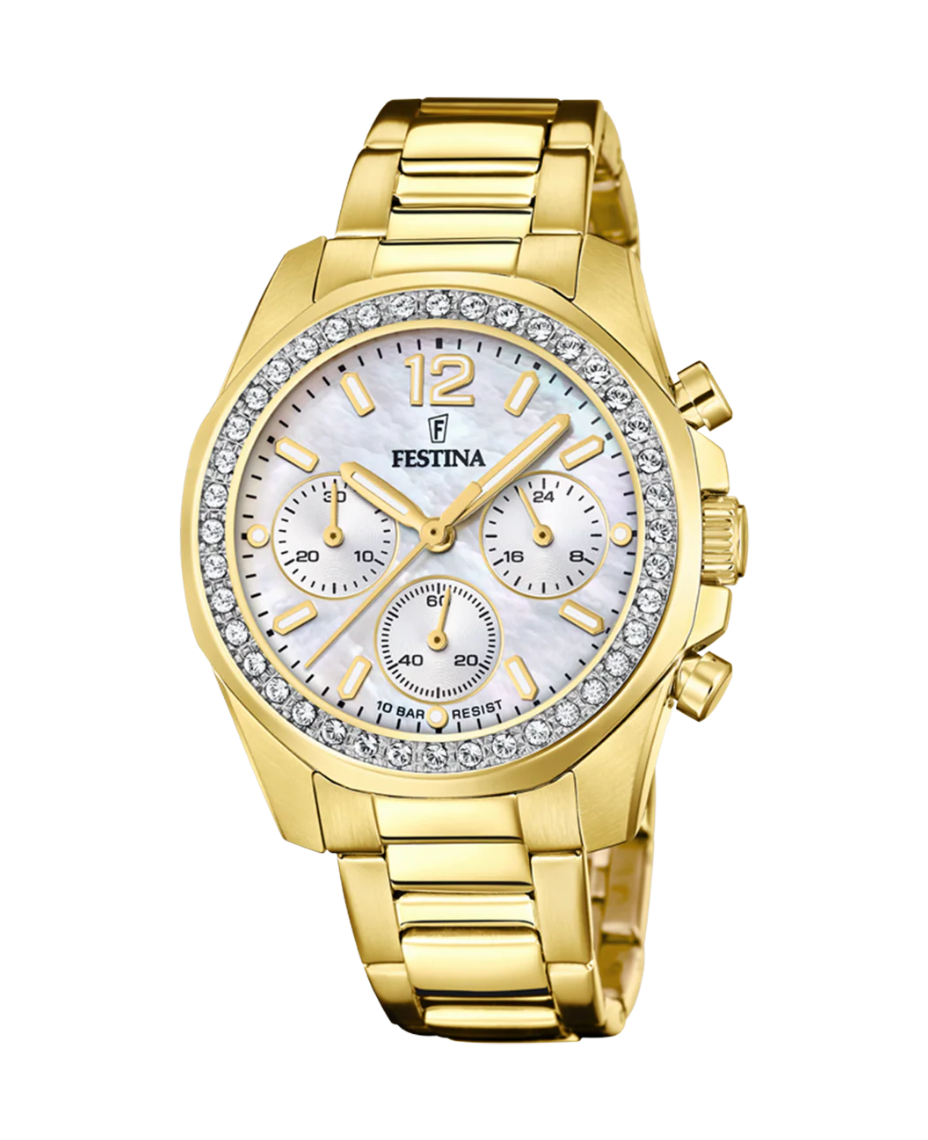Festina Rainbow F20609/1 reloj mujer cronógrafo acero dorado esfera blanca